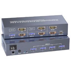 HDMI Displayport KVM Switch 2 Monitors 2 Computers, 8K60Hz 4K120Hz USB 3.0 Dual Monitor HDMI DP KVM Switch, 2 Port KVM Switch for Controlling 2 PC with 1 Set of Keyboard, Mouse and 2 Monitors