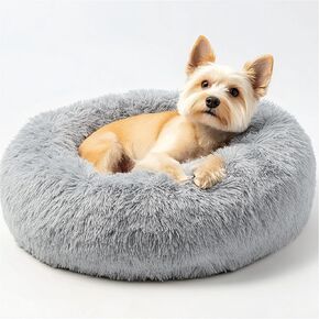 Calming Donut Dog Bed for Samll Dogs and Cats, 20 inches Anti-Slip Round Fluffy Plush Faux Fur Pet Bedm,Fits up to 15 lbs Pets