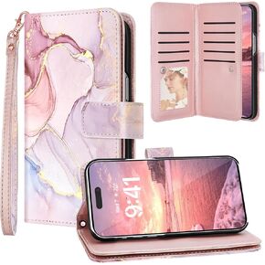 Fingic for iPhone 16 Pro Max Case Wallet Case for Women Girls[with 9 Card Holders]Marble Rose Gold PU Leather Detachable Wrist Strap Fullbody Slim Shockproof Flip Phone Case for iPhone 16 Pro Max,2024