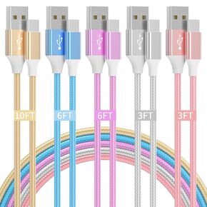 USB to USB C Cable, 5Pack iPhone 16 15 Charger Cord, Type C Chargers Fast Charging Nylon Braided Android Charger for iPhone, Samsung Galaxy, Sony, Google Pixel, Huawei, Xiaomi and More（3/3/6/6/10Ft）