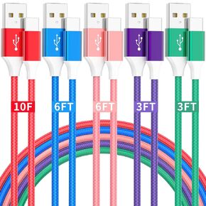 USB to USB C Cable, 5Pack iPhone 16 15 Charger Cord, Type C Chargers Fast Charging Nylon Braided Android Charger for iPhone, Samsung Galaxy, Sony, Google Pixel, Huawei, Xiaomi and More（3/3/6/6/10Ft）