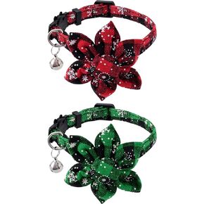 2Pcs Christmas Cat Collars with Bell Red and Green Plaid Snowflake Cat Collars Adjustable Floral Buckle Cat Collars with Bell Breakaway Cat Collars with Flower Cat Collars for Small Medium Cat Dog