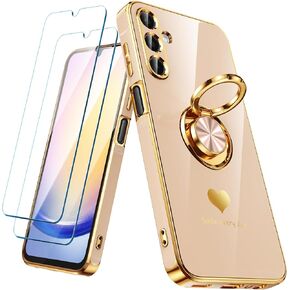for Samsung Galaxy A25 5G Case with 2 Pack Screen Protector, 360° Rotatable Ring Holder [Luxury Hearts Pattern] Plating Gold Edge Slim Soft Phone Cover Case for Galaxy A25 - Purple