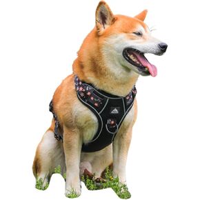 Dog Harness, Floral Dog Breathable Harness, No Pull Adjustable D-Ring Reflective Harness Webbing Walking Harness for Meduim Large Dogs Black XL