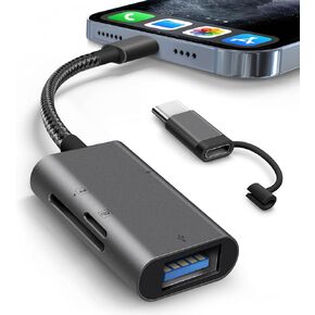 قارئ بطاقة SD لجهاز iPhone iPad مدمج ومحول بطاقة موصل USB-C مع SD MicroSD USB-A 3 فتحات عارض بطاقة ذاكرة الكاميرا، محمول لا يتطلب تطبيق التوصيل والتشغيل in Kuwait