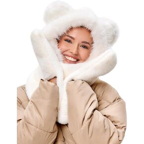 LATTEMARMALATTE Cute Bear Ears Winter Hat with Plush Scarf & Gloves, Girls' 3-in-1 Warm Set, Cozy and Windproof for Cold Weather White