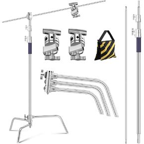 K&F Concept 3.3m 100% Stainless Steel Heavy Duty C Stand with Boom Arm, Stand with 126cm Holding Arm, 2 Sandbags for Studio Monolight, Softbox, Reflector
