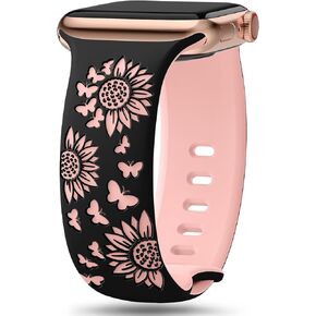 Sunnywoo Floral Engraved Band Compatible with Apple Watch Band 41mm 40mm 38mm 42mm 44mm 45mm 46mm 49mm Women, Sunflower iWatch Bands Soft Silicone Sport Strap for iWatch Series SE 10 9 8 7 6 5 4 3 2 1 Ultra