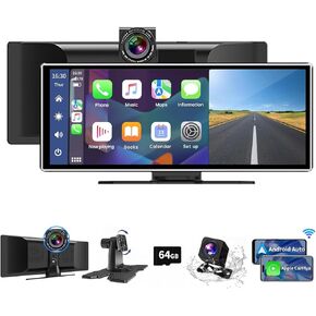 11.26" Universal Wireless CarPlay & Android Auto Screen for 2024 Latest Car Portable Touchscreen Display with 4K Dash Cam Backup Camera Bluetooth GPS Navigation DVR