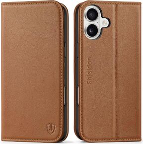 SHIELDON Case for iPhone 16 Plus 6.7", Genuine Leather Flip Wallet Magnetic Cover, Kickstand, RFID Blocking Credit Card Holder, Shockproof Case Compatible with iPhone 16 Plus 5G - Retro Dark Blue
