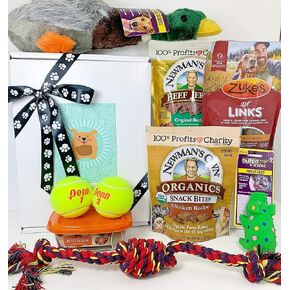 Deluxe Dog Gift Box Basket with 4 Grain Free Gluten Free Treats and 5 Toys for A Favorite Canine Fur Baby Perfect for Dog Lover Dog Birthday Dog Dog Gift for Furry Pet Friend- Prime