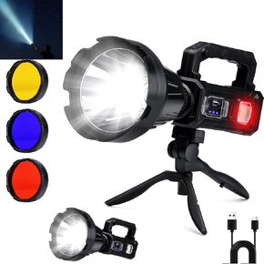 Solar Rechargeable Spotlight, 3,000,000 Lumens Led Spot Lights Outdoor Handheld Super Bright Long Range Flashlight with 6 Modes, 3 Colored Filters, Tripod, USB C, IPX6 Waterproof for Fishing Boating in Saudi Arabia