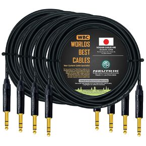WORLDS BEST CABLES 4 Units - 20 Foot - Balanced TRS Patch Cable Custom Made Using Mogami 2549 (Black) Wire and Neutrik NP3X-B Gold TRS Stereo Plugs
