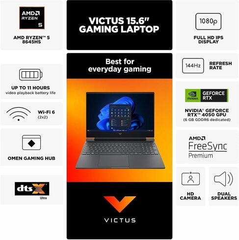 كمبيوتر محمول HP Victus للألعاب، شاشة 15.6 بوصة FHD IPS 144 هرتز، AMD Ryzen 5-8645HS، NVIDIA GeForce RTX 4050، إضاءة خلفية، كاميرا عالية الدقة، مع كابل HDMI (Windows 11 Pro، ذاكرة الوصول العشوائي 32 جيجابايت | 1 تيرابايت PCIe SSD) in Saudi Arabia