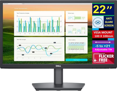 شاشة عرض 22 بوصة FHD VA 60 هرتز من Dell مع مضادة للتوهج، خالية من الوميض، حامل VESA (100x100 مم)، مكبرات صوت ستيريو، 1xHDMI، 1xDP، 1xVGA، مثالية للمنزل والأعمال، أسود (أحدث موديل 2024 - E2222HS) in Saudi Arabia