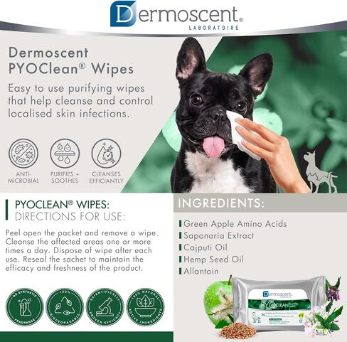 Dermoscent PYOclean Wipes for Dogs & Cats - Natural & Purifying for Cleaning Acne Itchy Skin Infections & Allergy Symptoms - 100% Biodegradable - 20 Pet Wipes in Saudi Arabia
