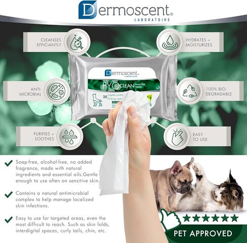 Dermoscent PYOclean Wipes for Dogs & Cats - Natural & Purifying for Cleaning Acne Itchy Skin Infections & Allergy Symptoms - 100% Biodegradable - 20 Pet Wipes in Saudi Arabia