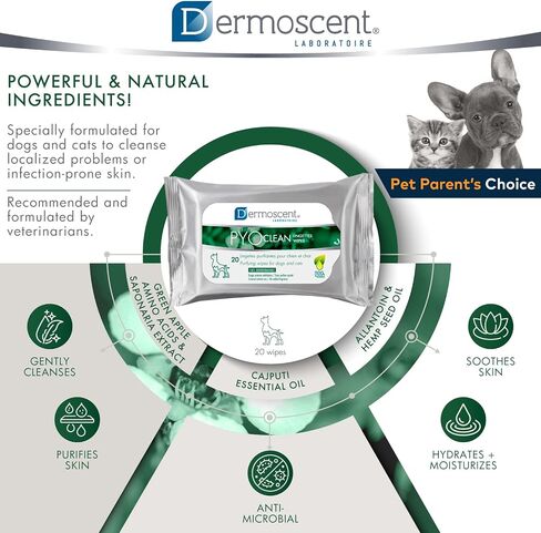 Dermoscent PYOclean Wipes for Dogs & Cats - Natural & Purifying for Cleaning Acne Itchy Skin Infections & Allergy Symptoms - 100% Biodegradable - 20 Pet Wipes in Saudi Arabia