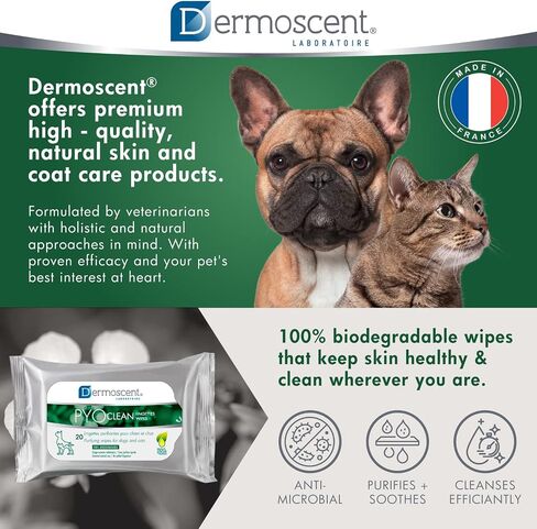 Dermoscent PYOclean Wipes for Dogs & Cats - Natural & Purifying for Cleaning Acne Itchy Skin Infections & Allergy Symptoms - 100% Biodegradable - 20 Pet Wipes in Saudi Arabia