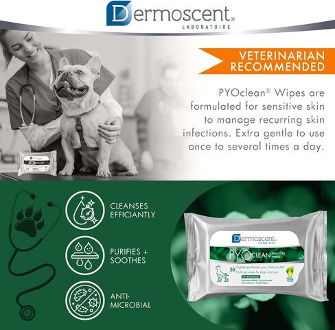 Dermoscent PYOclean Wipes for Dogs & Cats - Natural & Purifying for Cleaning Acne Itchy Skin Infections & Allergy Symptoms - 100% Biodegradable - 20 Pet Wipes in Saudi Arabia