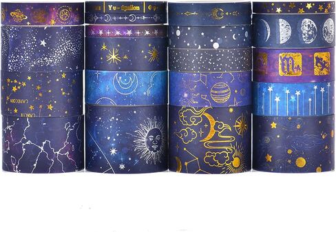 36 Rolls Galaxy Washi Tape Pack Stars Arts Adhesive Tapes Gold Silver Foil Decorative Masking Tape Sets for Craft, Kids, Scrapbook, DIY, Gift Wrapping in Kuwait