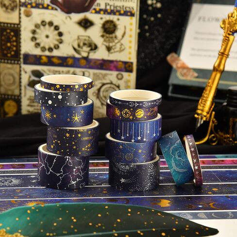36 Rolls Galaxy Washi Tape Pack Stars Arts Adhesive Tapes Gold Silver Foil Decorative Masking Tape Sets for Craft, Kids, Scrapbook, DIY, Gift Wrapping in Kuwait