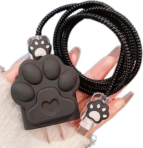 DIY Charger Cover for iPhone Charger Protector with Cat Paw Design,Soft Girly Kawaii Cat Claw Charging iPhone Cord Protector iPad Charger Protector Cute Cable Saver for iPhone 18W/20W Charger-Black in Saudi Arabia
