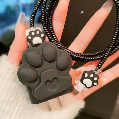 DIY Charger Cover for iPhone Charger Protector with Cat Paw Design,Soft Girly Kawaii Cat Claw Charging iPhone Cord Protector iPad Charger Protector Cute Cable Saver for iPhone 18W/20W Charger-Black in Saudi Arabia
