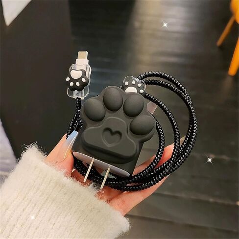 DIY Charger Cover for iPhone Charger Protector with Cat Paw Design,Soft Girly Kawaii Cat Claw Charging iPhone Cord Protector iPad Charger Protector Cute Cable Saver for iPhone 18W/20W Charger-Black in Saudi Arabia
