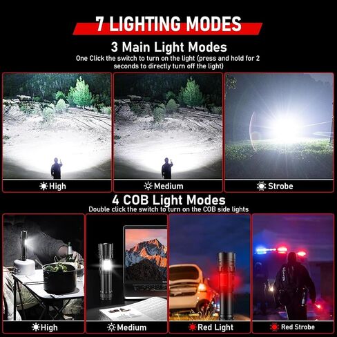 Shadowhawk Rechargeable Flashlights High Lumens, 1000000LM XHM90.2 30W LED Flash Light with COB Light, 7 Modes Super Bright Flashlight Battery Powered, Handheld Powerful Flashlight for Home, Emergency in Saudi Arabia