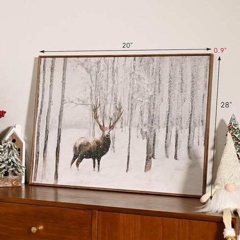 ArtbyHannah 20x28 بوصة عيد الميلاد قماش جدار الفن، مؤطرة ديكور جدار عيد الميلاد، جدار الفن الشتوي مع الغزلان في الغابة الثلجية، ديكور عيد الميلاد الرنة لتزيين جدار عيد الميلاد in Kuwait
