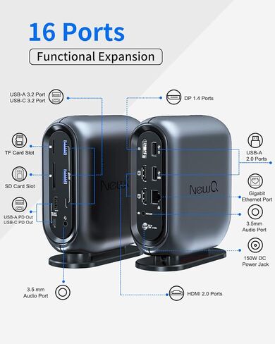 محطة إرساء شاشة عرض ثلاثية من NewQ لأجهزة MacBook: محور USB C مع منفذ HDMI 4K ومنفذ DP لأجهزة الكمبيوتر المحمول Mac Dell يمتد 2 و3 شاشات إجمالي شاشات رباعية مع شحن طاقة 150 وات وفتحة بطاقة TF SD in Kuwait