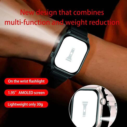 Smart Watch with Flashlight, Bluetooth Android Smart Watch for Men Women, Fitness Watch, 1.95" AMOLED Screen, 130+ Sport Modes, Answer/Make Calls Heart Rate Sleep Monitor for iPhone Compatible (Black) in Saudi Arabia