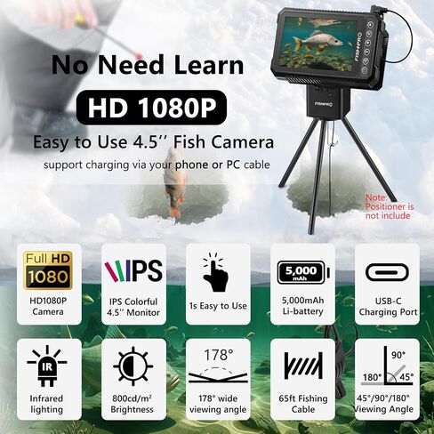 كاميرا الصيد تحت الماء FishPRO HD1080P USB-C، 4.5 بوصة (لا تحتاج للتعلم) هدايا كاميرا الصيد MOQCQGR للرجال، مكتشف الأسماك (الشحن عن طريق الهاتف/كابل الكمبيوتر الشخصي)، 5000 مللي أمبير، LED&IR، 66 قدم in Saudi Arabia