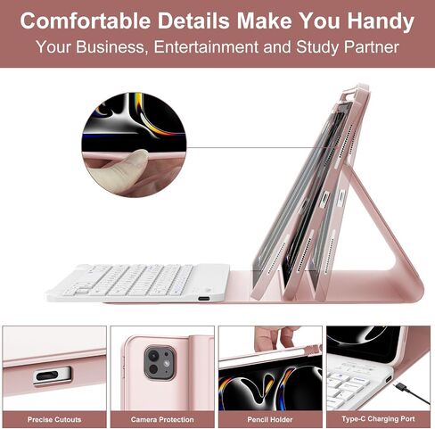 BORIYUAN Keyboard Case for iPad Pro 11-inch(M4) 2024, Detachable Wireless Bluetooth Keyboard Slim Folio Smart Cover for iPad Pro 11" 2024 with Pencil Holder – Pink in Saudi Arabia