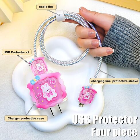 Cable Protector for iPhone Charger Cover Cute Kawaii Pink Bunny Rabbit Pattern Design,Data Line Cable USB Wire Cord Saver Charger Protector Design for Women Girls Kids in Saudi Arabia