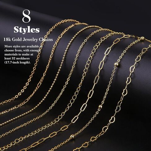 Ecoofor 18k سلاسل قلادة من الذهب لصنع المجوهرات، 39.3 قدم 6 لفات سلاسل سوار DIY، 6.5 قدم لكل نمط، سلسلة مملوءة بالذهب مع حلقات القفز / مشابك جراد البحر / موصلات in Kuwait