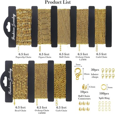 Ecoofor 18k سلاسل قلادة من الذهب لصنع المجوهرات، 39.3 قدم 6 لفات سلاسل سوار DIY، 6.5 قدم لكل نمط، سلسلة مملوءة بالذهب مع حلقات القفز / مشابك جراد البحر / موصلات in Kuwait