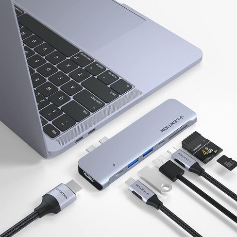 موزع LENTION USB C مع Thunderbolt3 (PD+نقل البيانات+مخرج الفيديو)، منفذ من النوع C، HDMI 4K، USB 3.0 وقارئ بطاقة SD/Micro SD متوافق مع 2023-2016 MacBook Pro، Mac Air، المزيد (CS64، Space Gray) in Kuwait
