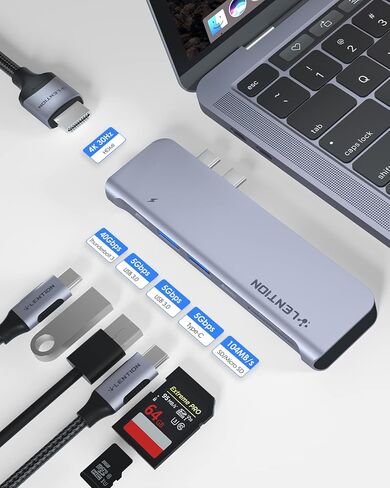 موزع LENTION USB C مع Thunderbolt3 (PD+نقل البيانات+مخرج الفيديو)، منفذ من النوع C، HDMI 4K، USB 3.0 وقارئ بطاقة SD/Micro SD متوافق مع 2023-2016 MacBook Pro، Mac Air، المزيد (CS64، Space Gray) in Kuwait