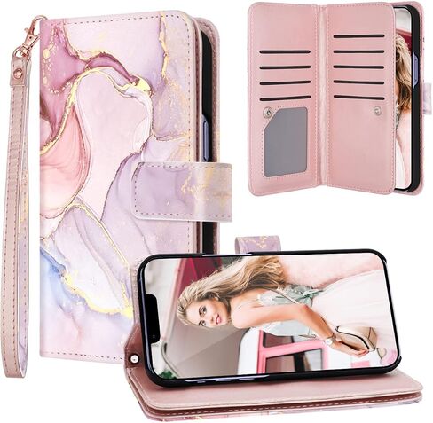 Fingic for iPhone 16 Pro Max Case Wallet Case for Women Girls[with 9 Card Holders]Marble Rose Gold PU Leather Detachable Wrist Strap Fullbody Slim Shockproof Flip Phone Case for iPhone 16 Pro Max,2024 in Saudi Arabia