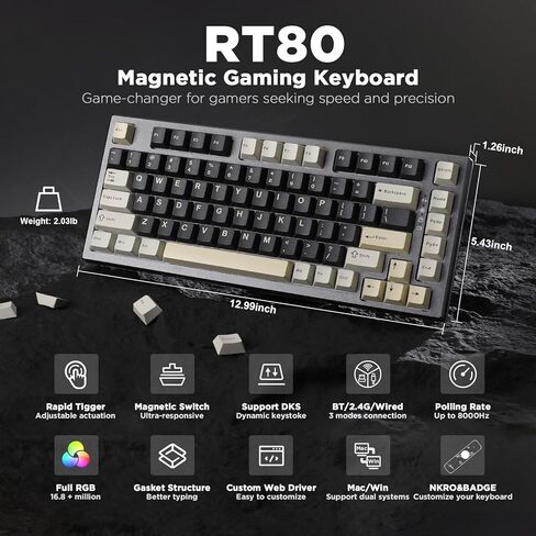 YUNZII RT80 Rapid Trigger Hall Effect Magnetic Gaming Keyboard,8K Polling Rate,75% Layout,BT/2.4GHz/Wired,RGB Backlit,Gasket Hot Swap,Adjustable Actuation for Win/Mac (White Line, Gateron White) in Saudi Arabia