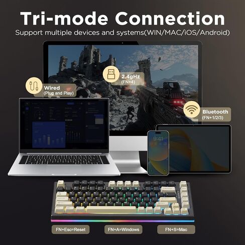 YUNZII RT80 Rapid Trigger Hall Effect Magnetic Gaming Keyboard,8K Polling Rate,75% Layout,BT/2.4GHz/Wired,RGB Backlit,Gasket Hot Swap,Adjustable Actuation for Win/Mac (White Line, Gateron White) in Saudi Arabia