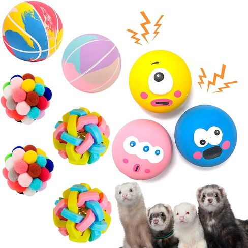12 pcs Ferret Squeaky Toys Balls Squeaker Toys Teething Toys Colorful Bouncy Rubber Bell Balls Mylar Crinkle Balls Interactive Sound Toy Exercise Scratch Chew Toys for Ferrets Pet Cat Dogs in Kuwait