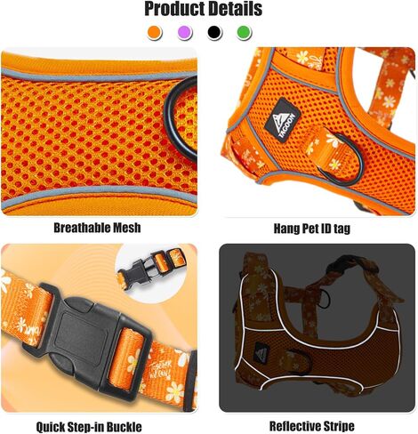 Dog Harness, Floral Dog Breathable Harness, No Pull Adjustable D-Ring Reflective Harness Webbing Walking Harness for Meduim Large Dogs Black XL in Saudi Arabia