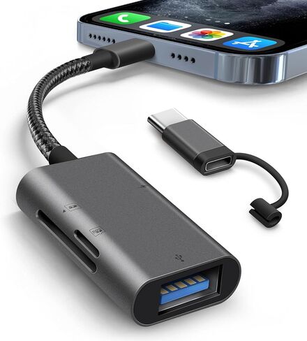 قارئ بطاقة SD لجهاز iPhone iPad مدمج ومحول بطاقة موصل USB-C مع SD MicroSD USB-A 3 فتحات عارض بطاقة ذاكرة الكاميرا، محمول لا يتطلب تطبيق التوصيل والتشغيل in Saudi Arabia