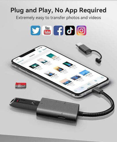 قارئ بطاقة SD لجهاز iPhone iPad مدمج ومحول بطاقة موصل USB-C مع SD MicroSD USB-A 3 فتحات عارض بطاقة ذاكرة الكاميرا، محمول لا يتطلب تطبيق التوصيل والتشغيل in Saudi Arabia