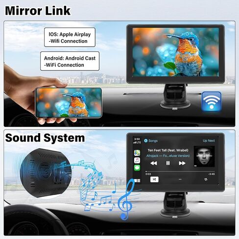 SIXWIN 7 inch Touchscreen Portable Car Stereo with Wireless Apple Carplay Android Auto Mirror Link Bluetooth Portable Car Play Screen with FM Transmission Voice Control AUX/AV in/USB in Saudi Arabia