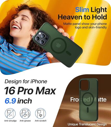 Magnetic Shockproof for iPhone 16 Pro Max Case, Skin-friendly[Compatible with MagSafe] [Military-Grade Drop Protection]Anti-Yellow Translucent Slim Cover for iPhone 16 Pro Max Phone Case, Black in Saudi Arabia