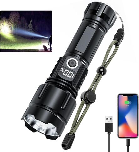 Flashlights High Lumens Rechargeable, 20,000 Lumens Super Bright Flashlight with LCD Digital Display, Zoom, 5 Modes, Waterproof, Type-C Rechargeable, Tactical Flashlight for Emergencies, Camping in Saudi Arabia